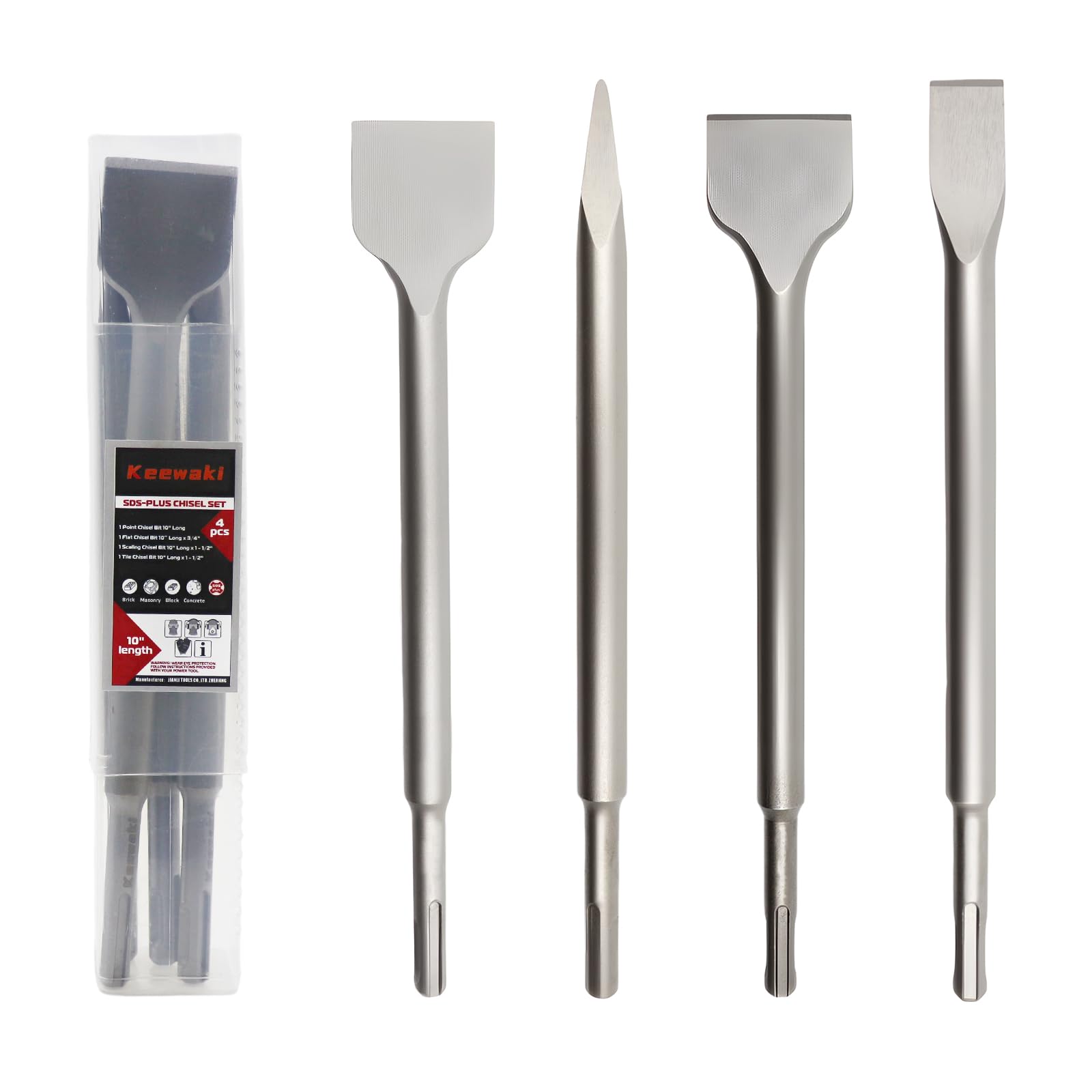 SDS Plus Masonry Chisel Set – 4-Piece Heavy-Duty Chisel Bits for Hammer Drill – Includes Flat, Pointed &amp; Tile Chisel – Concrete, Tile Removal Tool