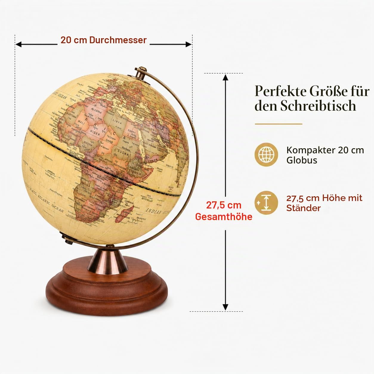 EXERZ 20 cm Leuchtglobus Antik Globus LED Holz Ständer Schülerglobus | Vintage Farbe Modernn Karte USB Cable Metall Arc für Zuhause Büro Schule Geografie Lernen und Gift Präsentation
