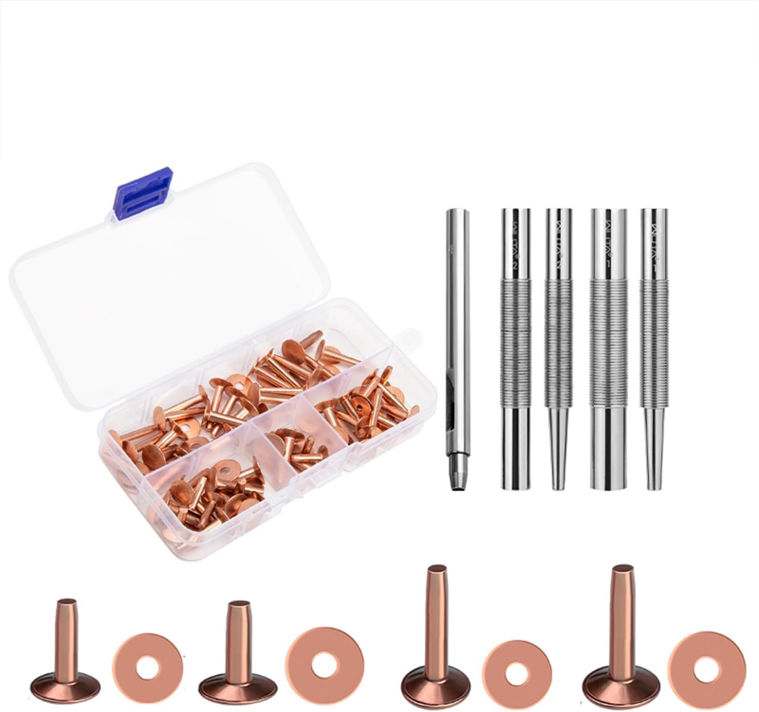 WUTA Copper Rivets and Burrs, 86Pcs, Solid Brass Rust-Proof Studs Leather Copper Rivet for Leather Pure Copper Rivet Setting Tool for Belts Wallets Collars Leather DIY Craft Supplies 4 Sizes (Copper)