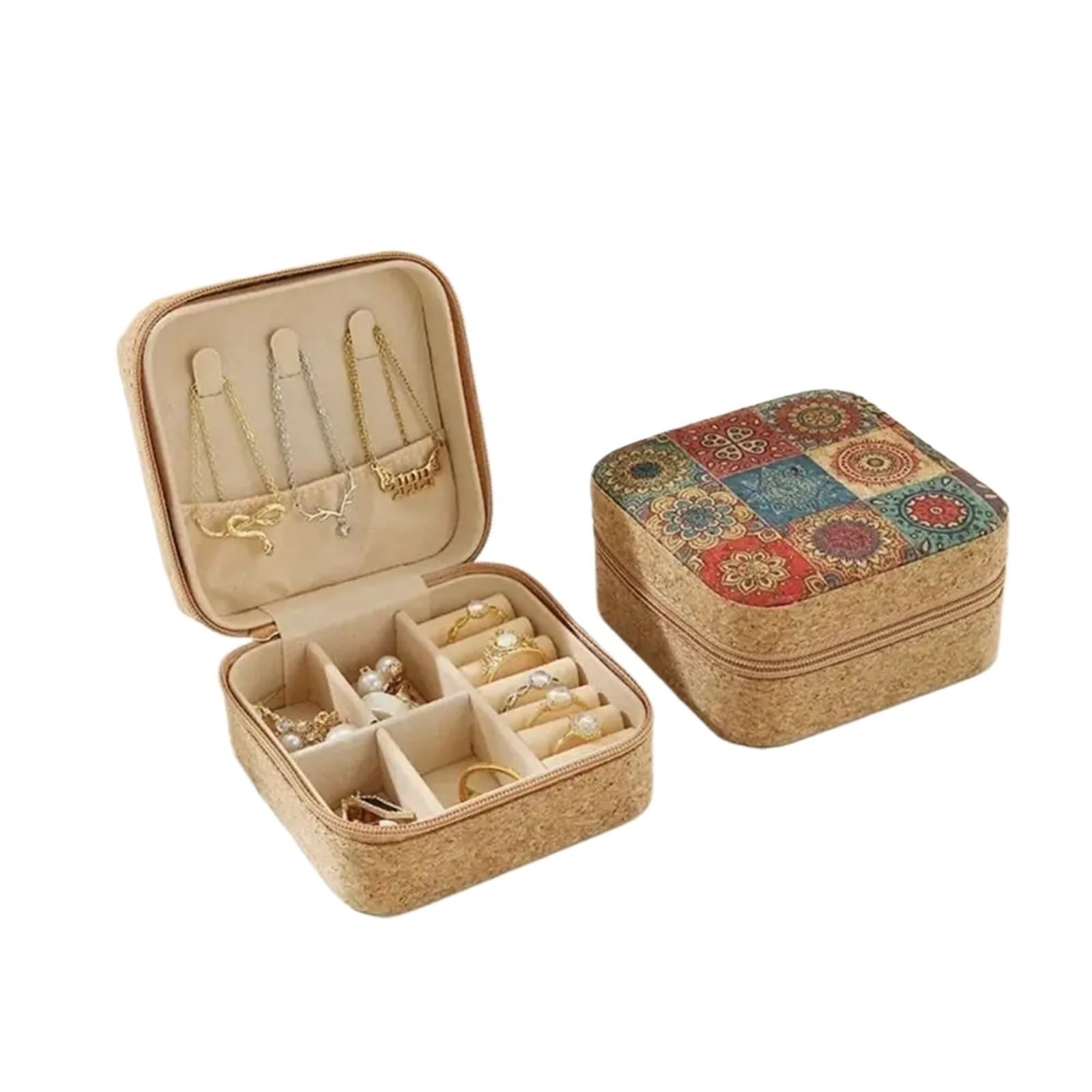ESTDKMNOS Portable Jewellery Case， Cork Wood Double Jewellery Box Portable Ring Earrings Organizer Cosmetic Travel(Style4)