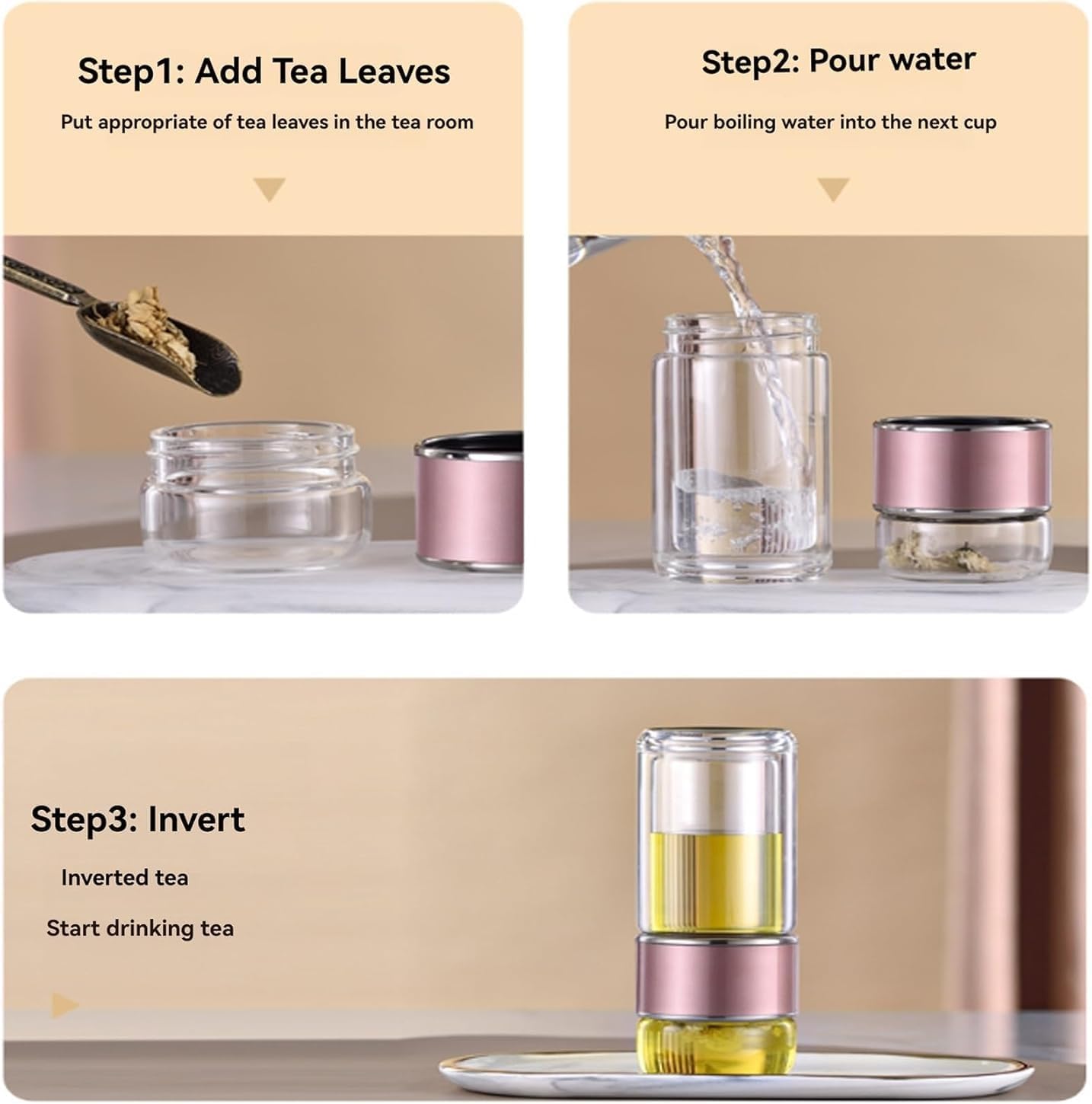 2025 New Glass Tea Infuser, Tea Infuser, 3 in 1 Smart Tea Maker with Insulated Hand Clip and Cup Brush, Portable Tea and Water Separation Tea Cup for Loose Leaf Tea, Double Glass (Green, 14 oz)