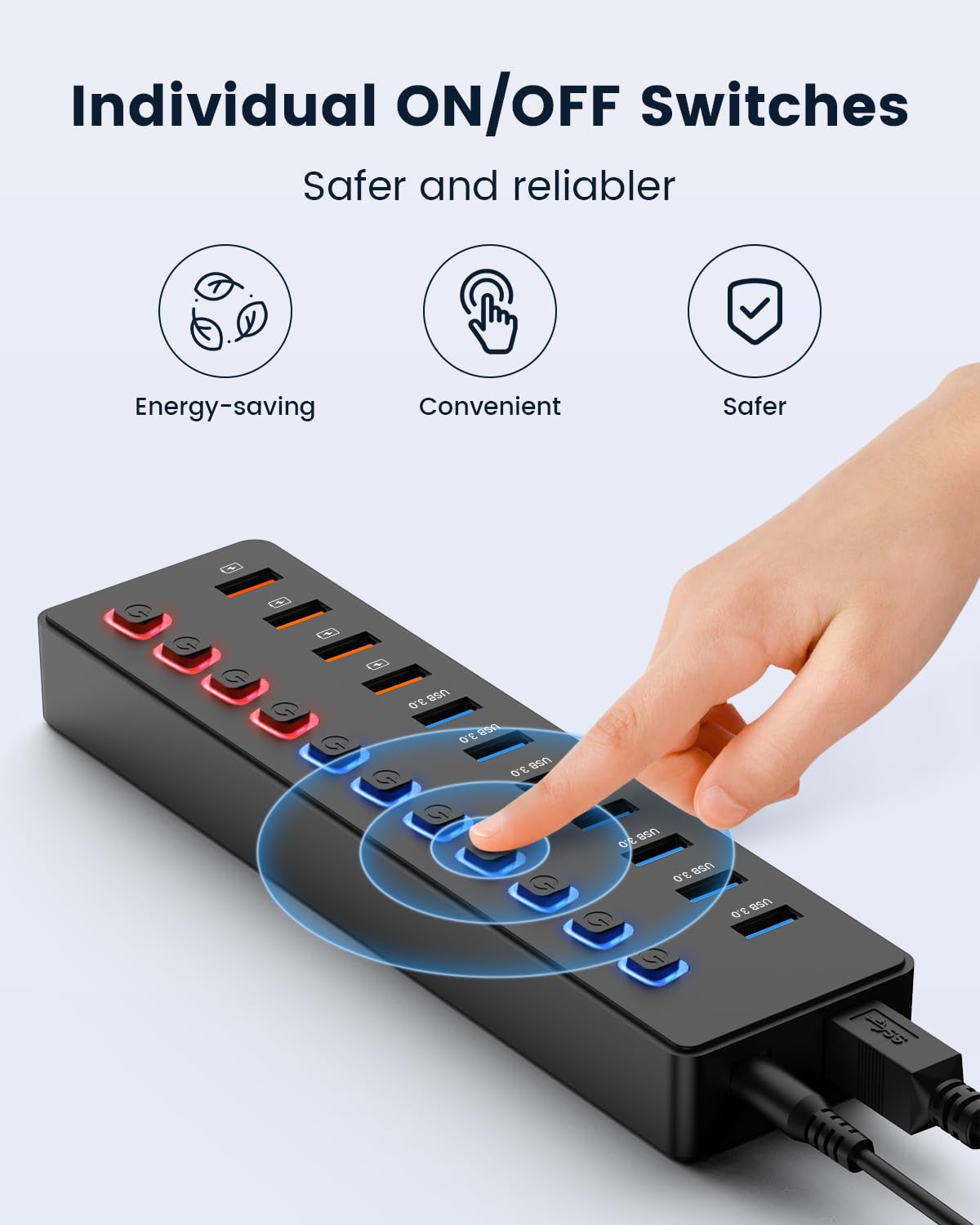 Hub USB alimentato, hub USB C, splitter hub a 11 porte (7 porte USB 3.0 di trasferimento dati + 4 porte di ricarica intelligenti), interruttore non incorporato (con