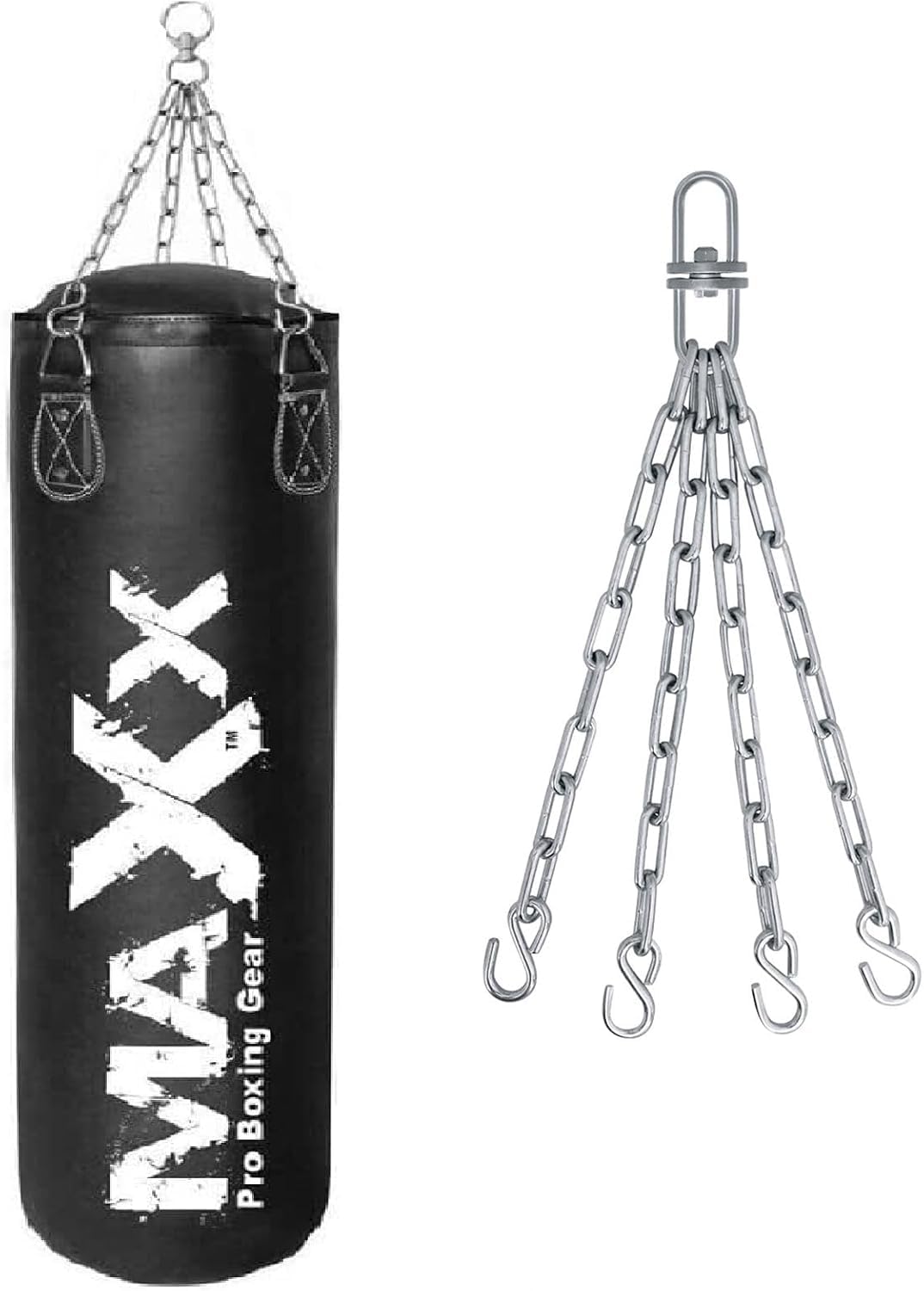 Maxx Black/White Boxing Set 6ft 5ft 4ft 3ft Heavy Filled Punch Bag Gloves Wall Bracket or Ceiling Hook Free Chain Boxing Set (Empty Bag +Chain, 3 FT) โ image 1