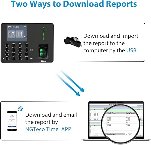 Vista 6 de NGTeco Relojes de tiempo para empleados de pequeñas empresas, W3 2.4GHz WiFi biométrico de huella dactilar máquina de tarjetas de tiempo, reloj