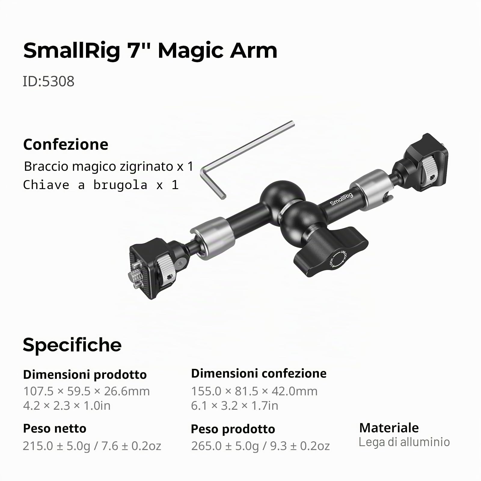 SmallRig 7'' Magic Arm con viti da 1/4"-20 e perni a molla, portata 1,5 kg, doppia testa a sfera a 360°, design antiscivolo per fotocamere/luci/monitor/microfoni/telefoni, 5308