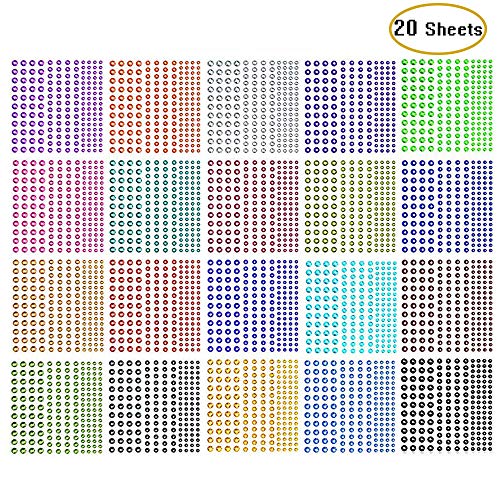 3440 Pieces Self-Adhesive Colorful Rhinestone Stickers,Kwartz Assorted 20 Colors 3 Sizes Face Gems Face Stickers Body Jewels Embellishments Sheet for Craft, Makeup, Body, Nails,Festival,Carnival