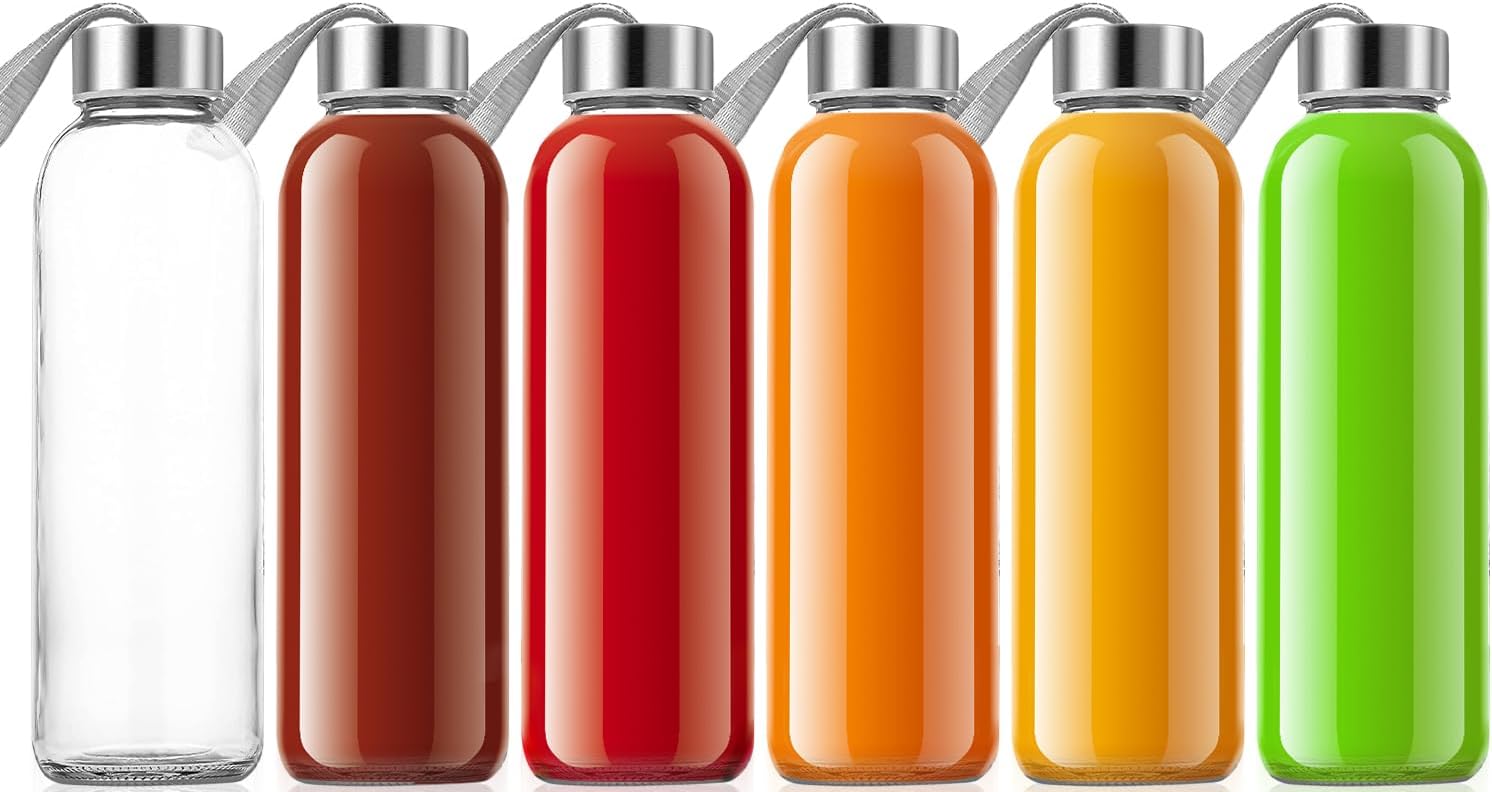 QCen 18oz Clear Glass Bottle for Juicing, Reusable Glass Water Bottles for Juicer Machine, with Stainless Steel Leak-Proof Lids, Wide Mouth Liquid Storage Containers, BPA Free, Set of 6