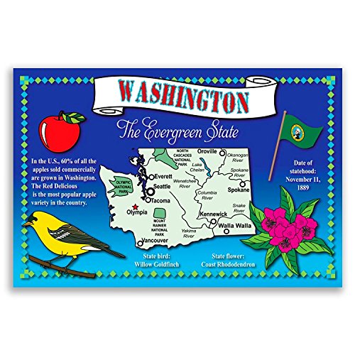 WASHINGTON STATE MAP postcard set of 20 identical postcards. Post cards with WA map and state symbols. Made in USA.