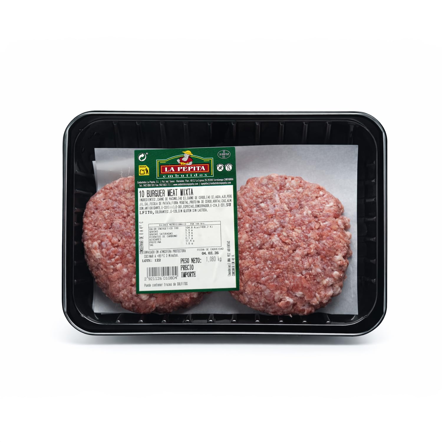 EMBUTIDOS LA PEPITA – Pack Familiar: Lomo Adobado 1,2 kg + Burger Meat Mixta (10 uds.) | Envasado en Atmósfera Protectora | Conservar 0–4 ºC | Cocinar antes de consumir