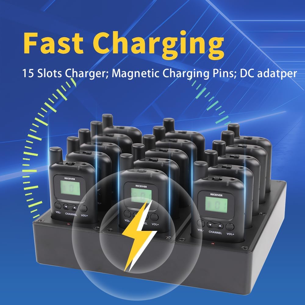 AGJ Wireless Tour Guide System, Tour Guide Headsets, Tour Guide Microphone 1 Transmitter 15 Receivers 1 Charger Simultaneous Interpretation System Court Church Translation System for Training Teaching