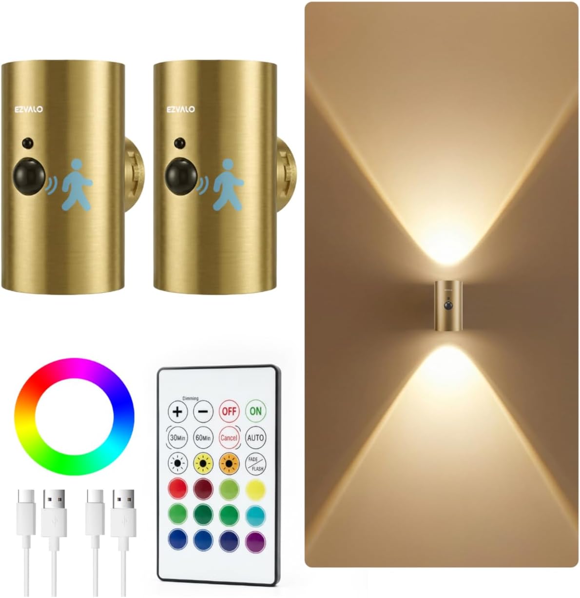 EZVALO Motion Sensor Wall Sconces with Remote, Rechargeable Battery Operated 4000mAh Wall Lights, 3 Color Temperatures & 12 RGB, Wireless LED Lighting for Hallway, Living Room (Brass Gold, 2 Pack)