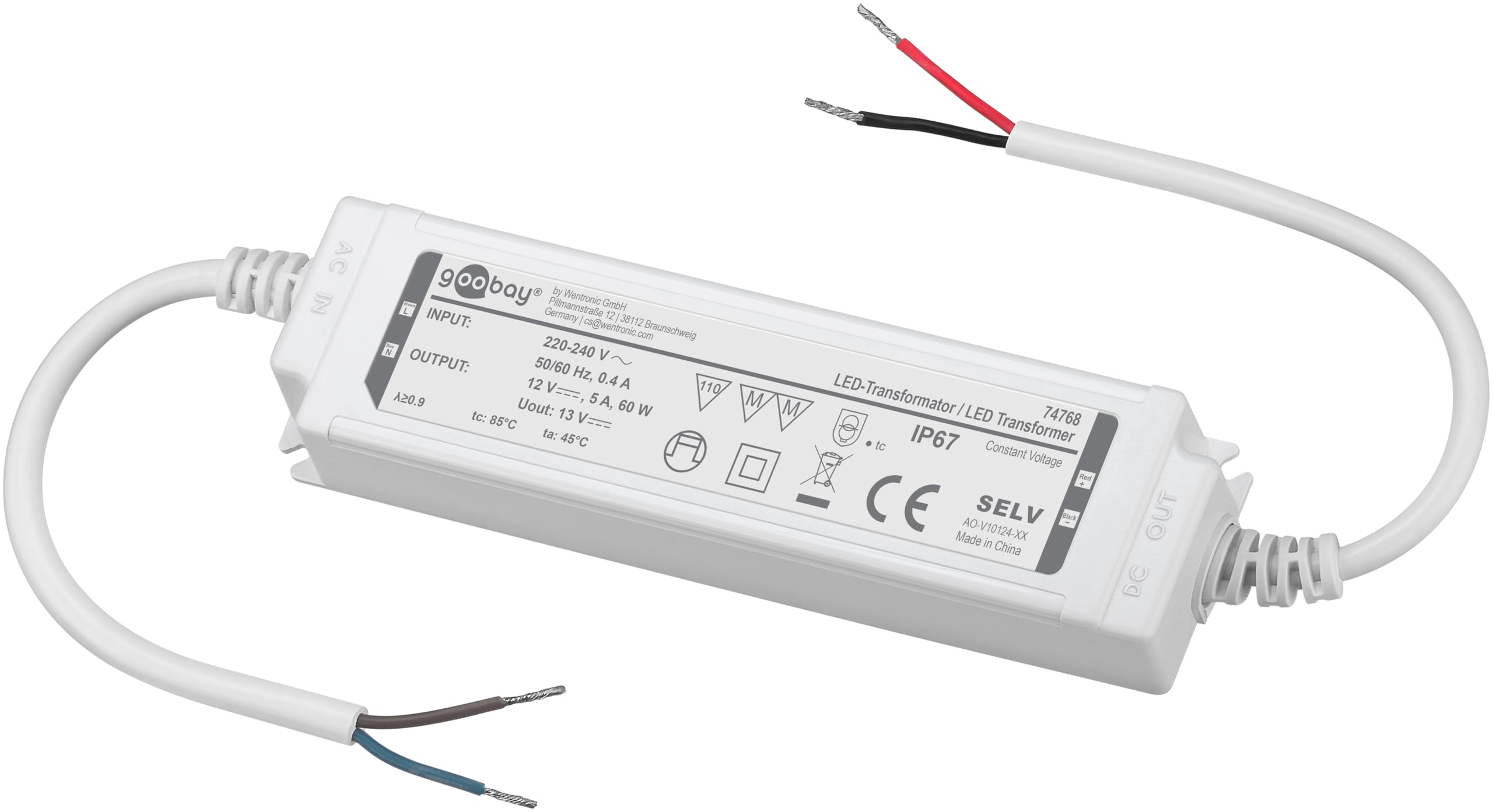 goobay LED transformer 12V (DC), 60W, IP67, non-dimmable, 12V power supply unit, transformer for outdoor and damp areas, ideal for bathroom, garden, pond and pool lighting, 74768