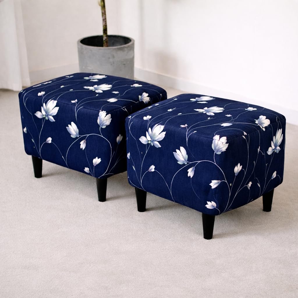 Gifts Island Pack of 2 Navy Floral Square Ottoman Cover Stretchable Elastic Washable Ottoman Protector for Stool, Pouffe, Footrest | Furniture Cover for Living Room Decor (Navy Floral)-image-9