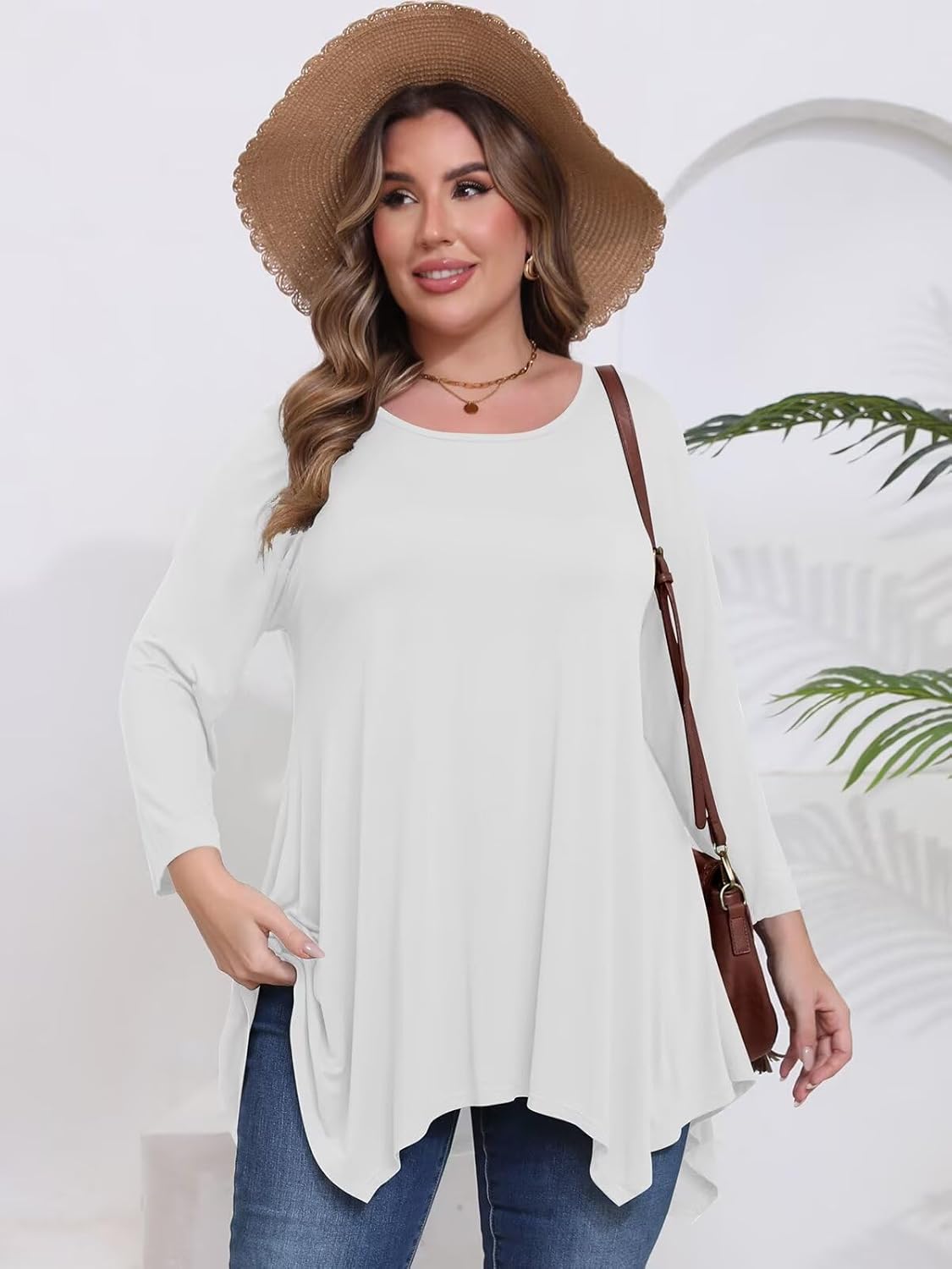 BELAROI Plus Size Tops for Women Fall Tunic Tops to Wear with Leggings 3/4 Sleeve Casual Swing Loose T Shirts Blouse(5X, White) - Image 3