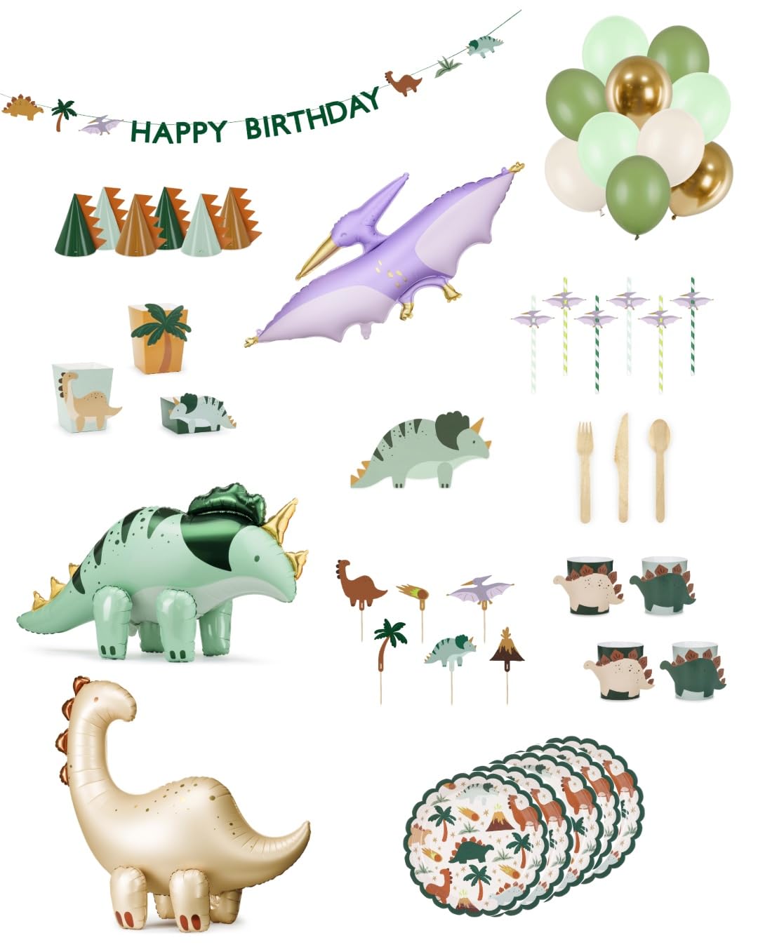 Schiggeria Dinosaurier Geburtstag Set für 6 Personen, Ballon Mix, XXL Dino Ballons, Happy Birthday Girlande, Geschirr und Besteck, Cake Topper, Kinder Dino Geburtstag, Grün und Gold...