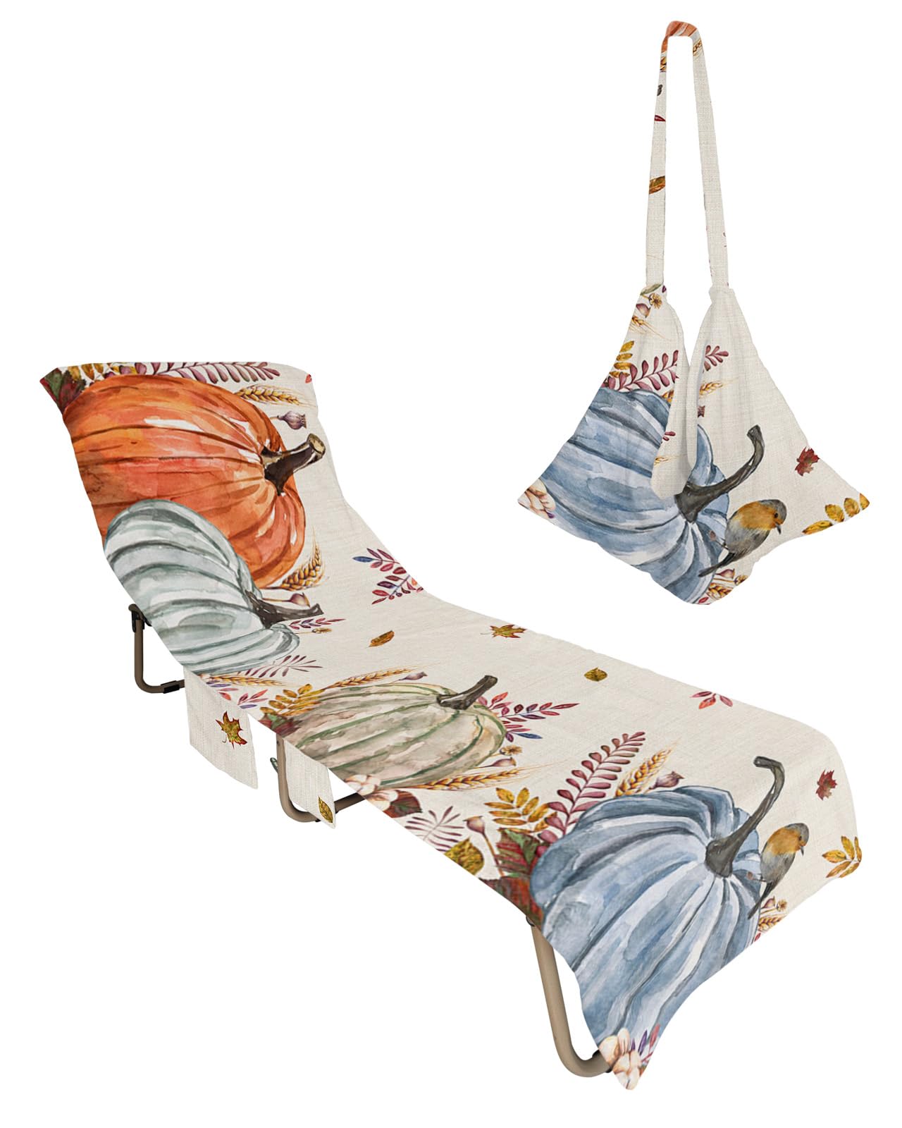 Abstract Pumpkins, Beach Lounge Chair Towel Cover, Soft Chaise Lounge Towel with Side Pockets Patio Pool Chairs Cover for Beach/Pool Sunbathing 29x85 Fall Thanksgiving Eucalyptus Leaves Bird