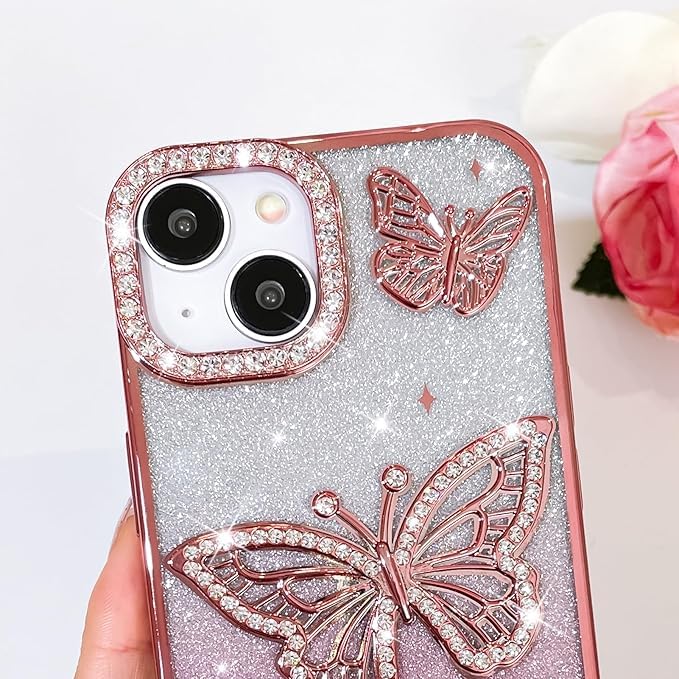 Image of Elzzi Electroplated Butterfly Phone Cover for iPhone 15 Case, Showcasing Pearlescent Diamond Soft TPU, Camera Protection, Shockproof, Dropresistant Stylish for Girls & Women (Blue)