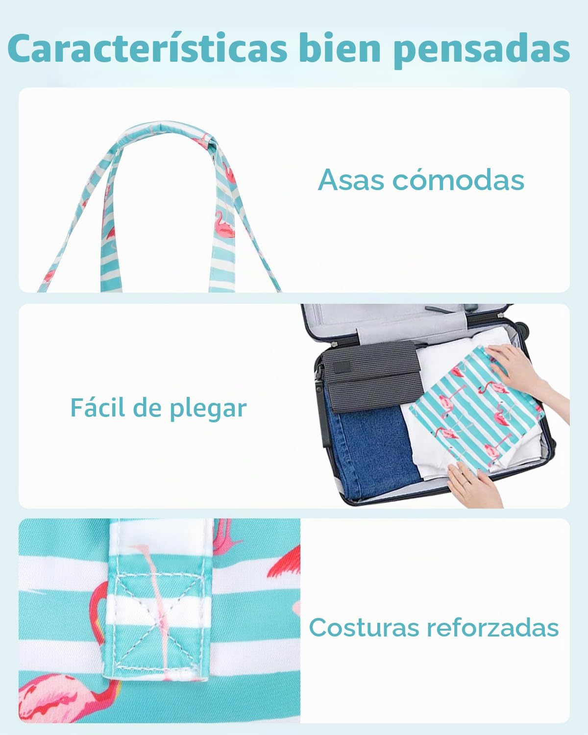 KABAQOO Bolsa de Playa XXL Familiar con Cremallera y Compartimento Impermeable, Bolsa Piscina Mujer Bolso de Mano Shopper Grande Plegable y Ligero para Viajes y Natación, Flamenco verde y blanco