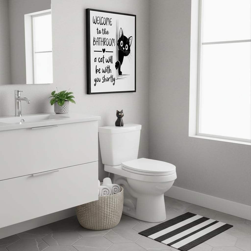 Black Framed Funny Cat Canvas Wall Art, Black White Humorous Animal Bathroom Poster Print Artwork, Welcome to Bathroom Painting Picture Wall Decor, for Restroom, Toilet, Home Decoration, 12x16in