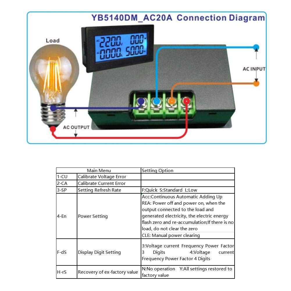 Multi Funzione AC Ampere Meter Voltmetro – Display Digitale 0-20A 60-500V, Con Misuratore Di Potenza E Frequenza - 2