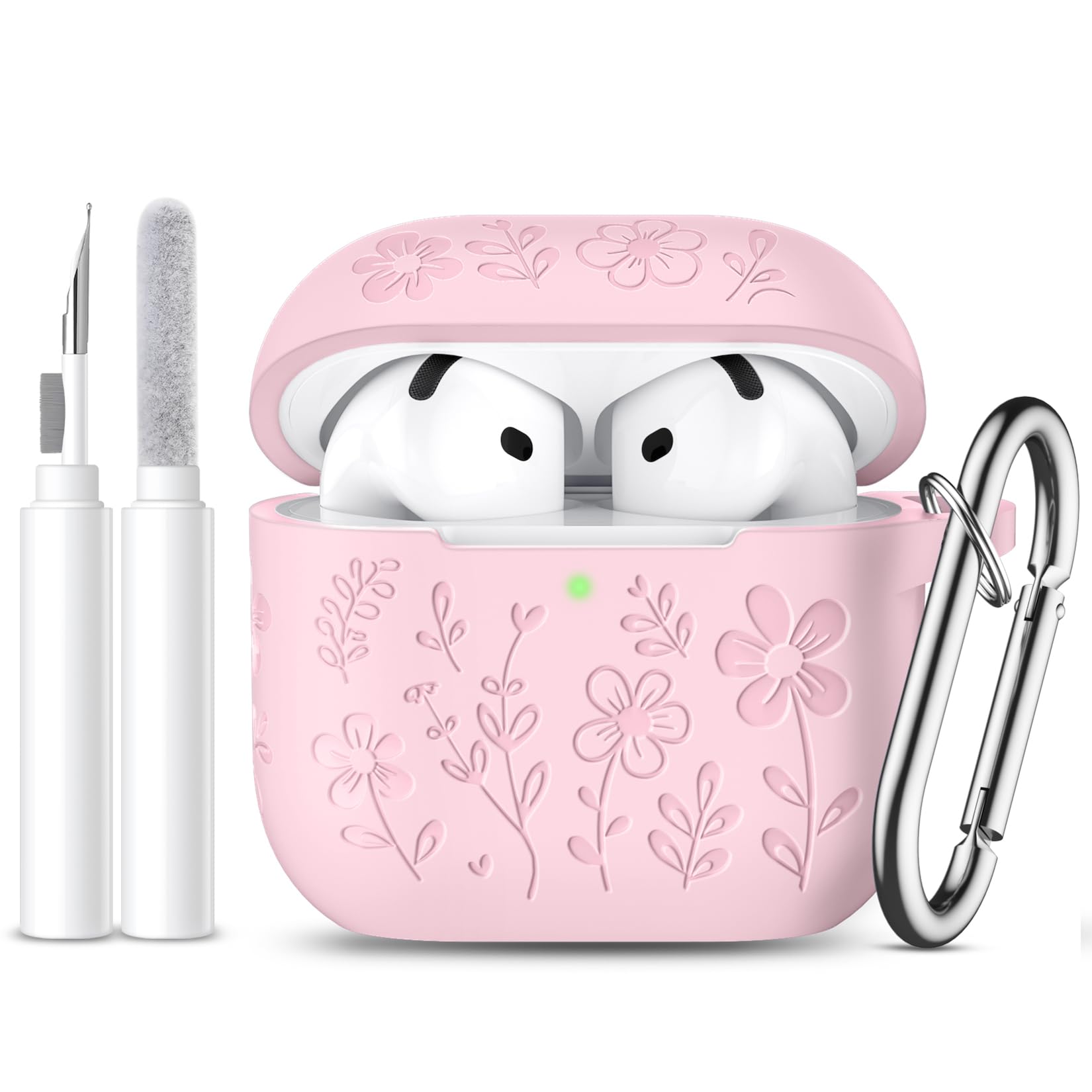 for AirPods 4 Case Cover(2024), Cute Flower Engraved Case Compatible with Apple airpods 4,Soft Silicone Full Protective Case for AirPods 4 with Keychain & Cleaner Kit for Women,Men（Lightpink）