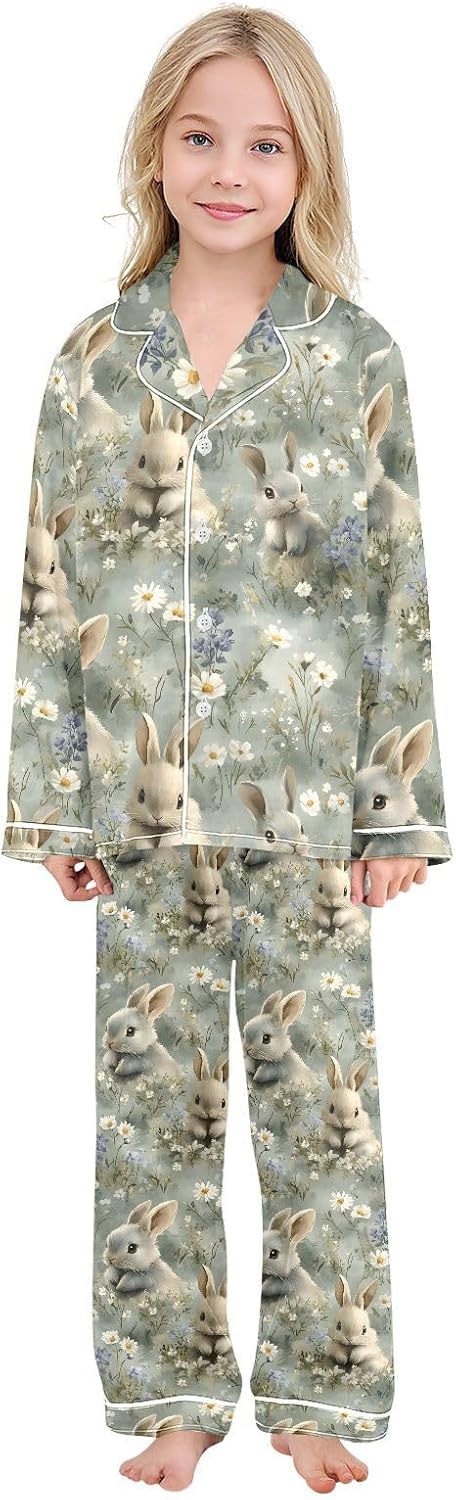 senya Watercolor Bunnies Rabbits1 Satin Pajama Sets Long Sleeves Nightwear Button Down Sleepwear