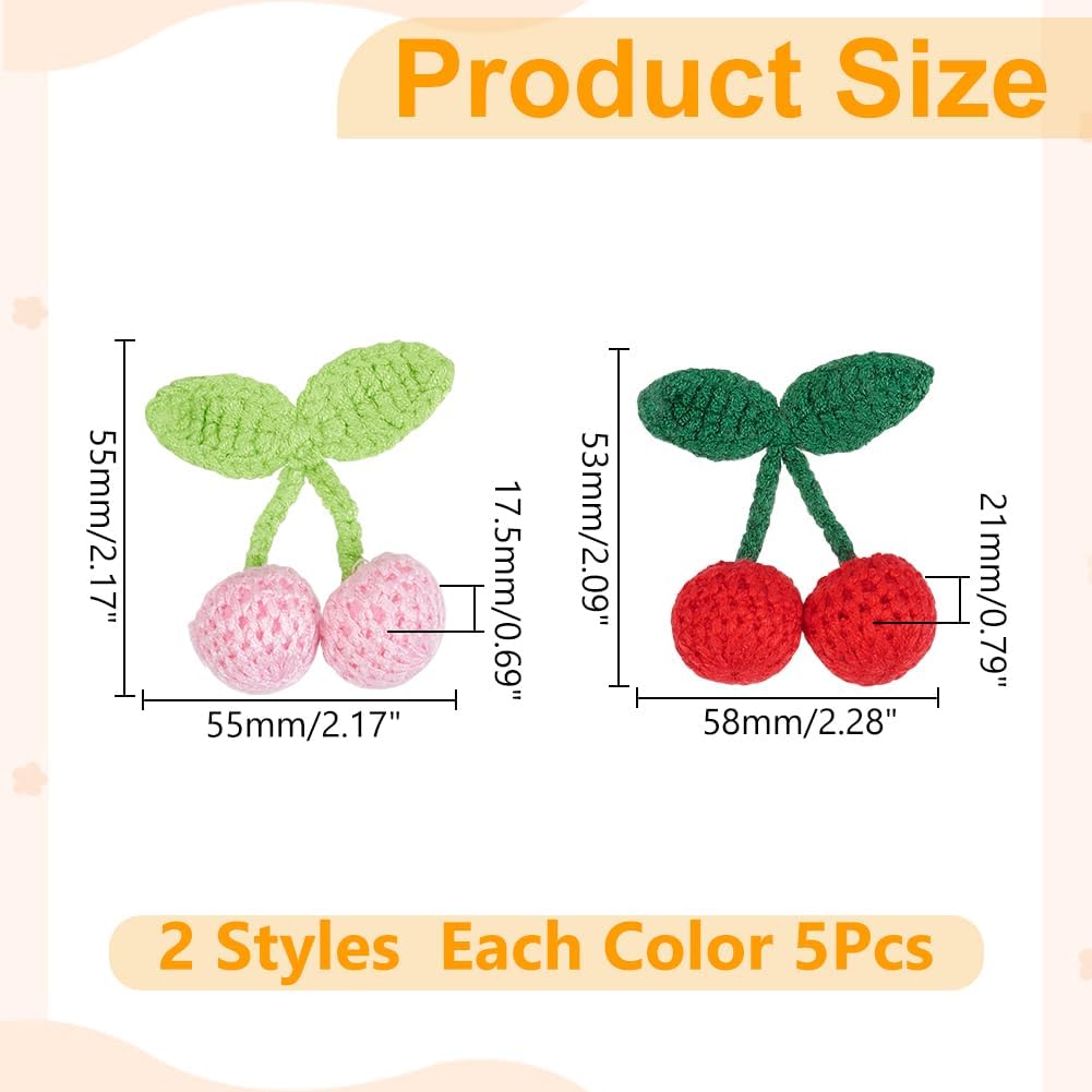 WADORN 10Pcs 2 Styles Crochet Cherries, Knitting Cherry Patches Sewing on Appliques Handmade Crochet Sweet Cherry Pendant Pink Red Fruit Crocheted Accessories for DIY Keychain Clothes Bag Decoration