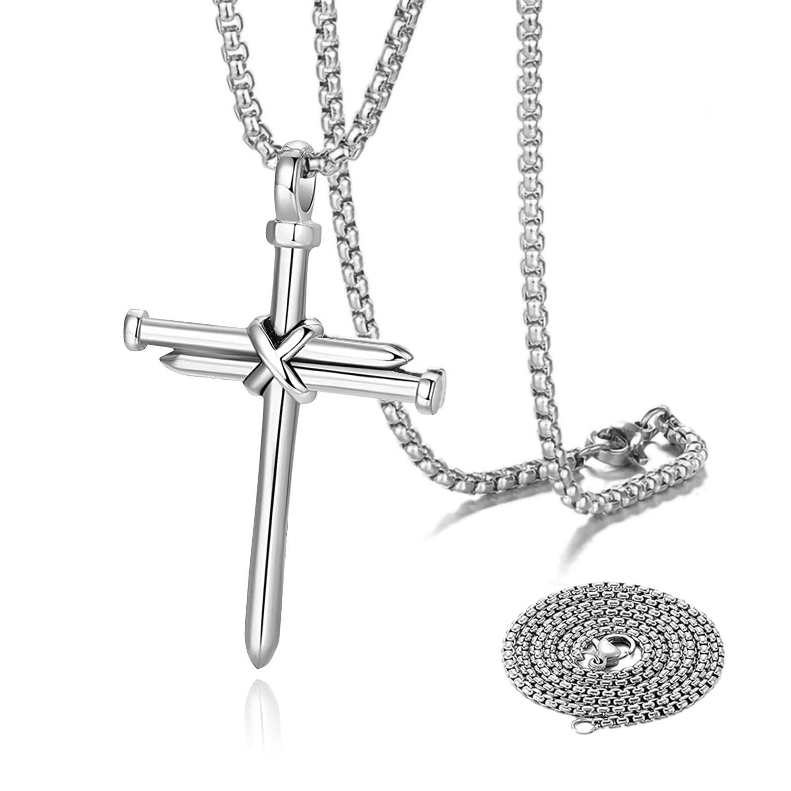 Sylvil 2PCS Nail Cross Pendant for Men, Hanging Cross Car Rearview Mirror Hanging Chain with 3 Nail, Stainless Steel Religious Cross Decoration, Vehicle Interior Mirror Ornament (Silver)