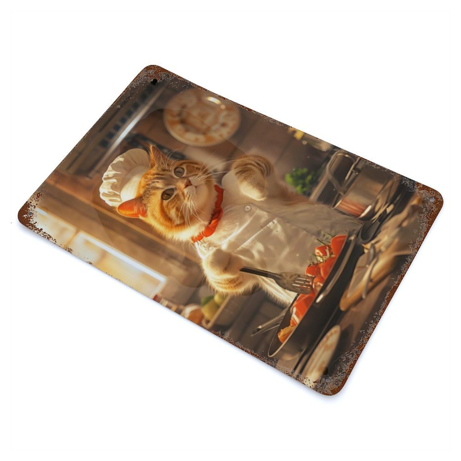 Cat Chef 11.8"x7.9" Aged Metal Wall Plaque, Novelty Wall Decor for Garage, Bar And Workshop Decor