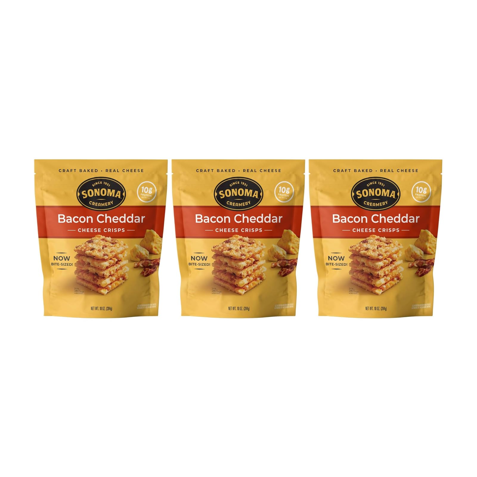 Sonoma Creamery - Cheese Crisps, Bacon Cheddar, 10 Oz (Pack of 3 | Savory Snack | High Protein | Low Carb | Gluten Free | Keto-Friendly