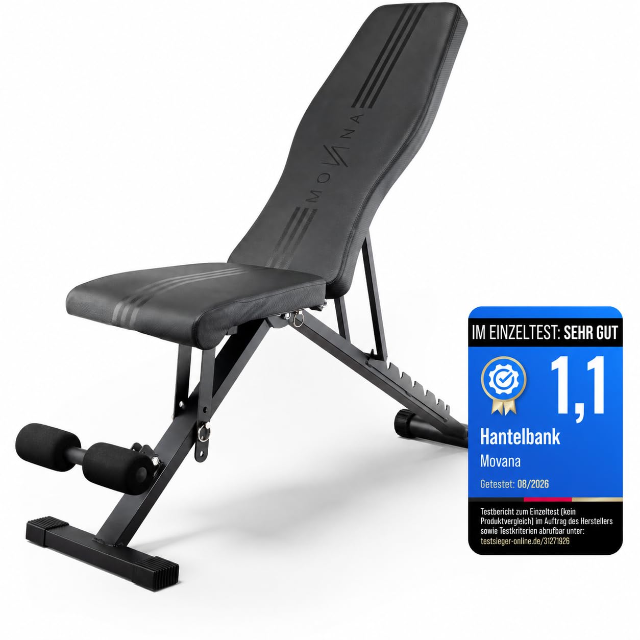 NEU Movana, Hantelbank Klappbar Verstellbar, Testsieger Note 1,1, Multifunktion Trainingsbank für Zuhause, inkl. Widerstandsbändern als Gewichtsersatz & Trainingsplan mit 80+ Übungen, 300 KG