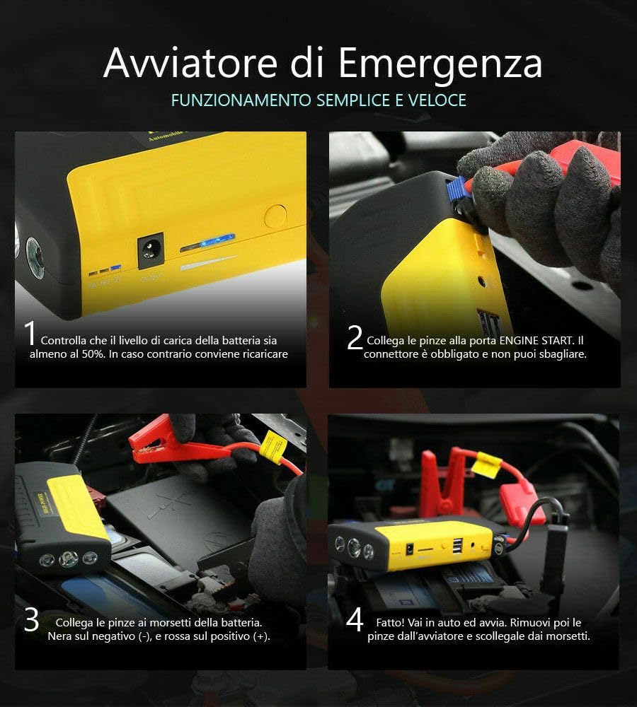 Avviatore Batteria Auto 600A Portatile Jump Starter Avviatore di Emergenza 16800 mAh Motori Fino a 5L Benzina 3L Diesel 12V Booster Avviamento Auto con Torcia LED Doppia USB con Accessori