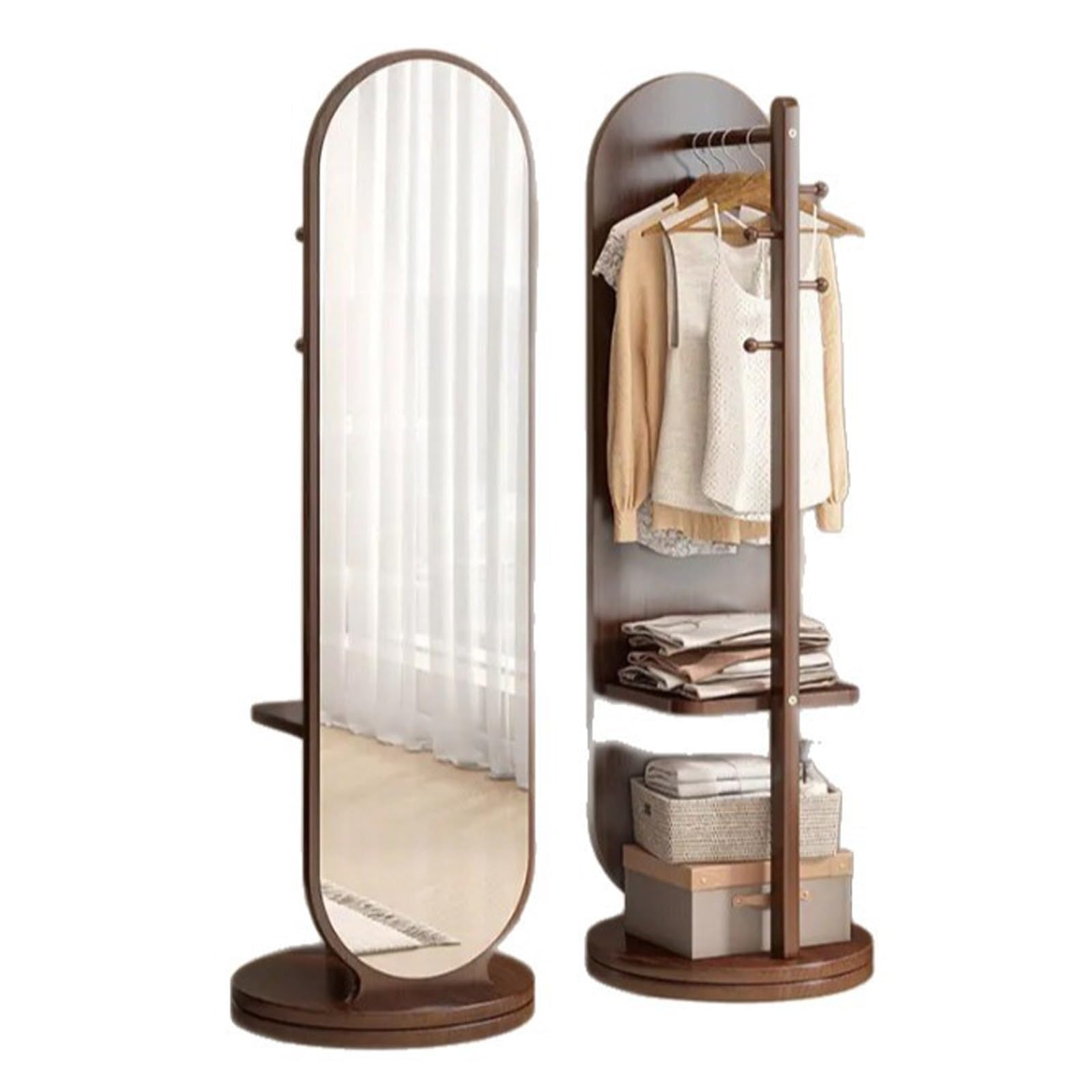 FGXHHS Mirror Vanity Mirrors Oval Wood Grain Finish Frame with Storage Shelf for Bedroom Bathroom Living Room(Walnut)