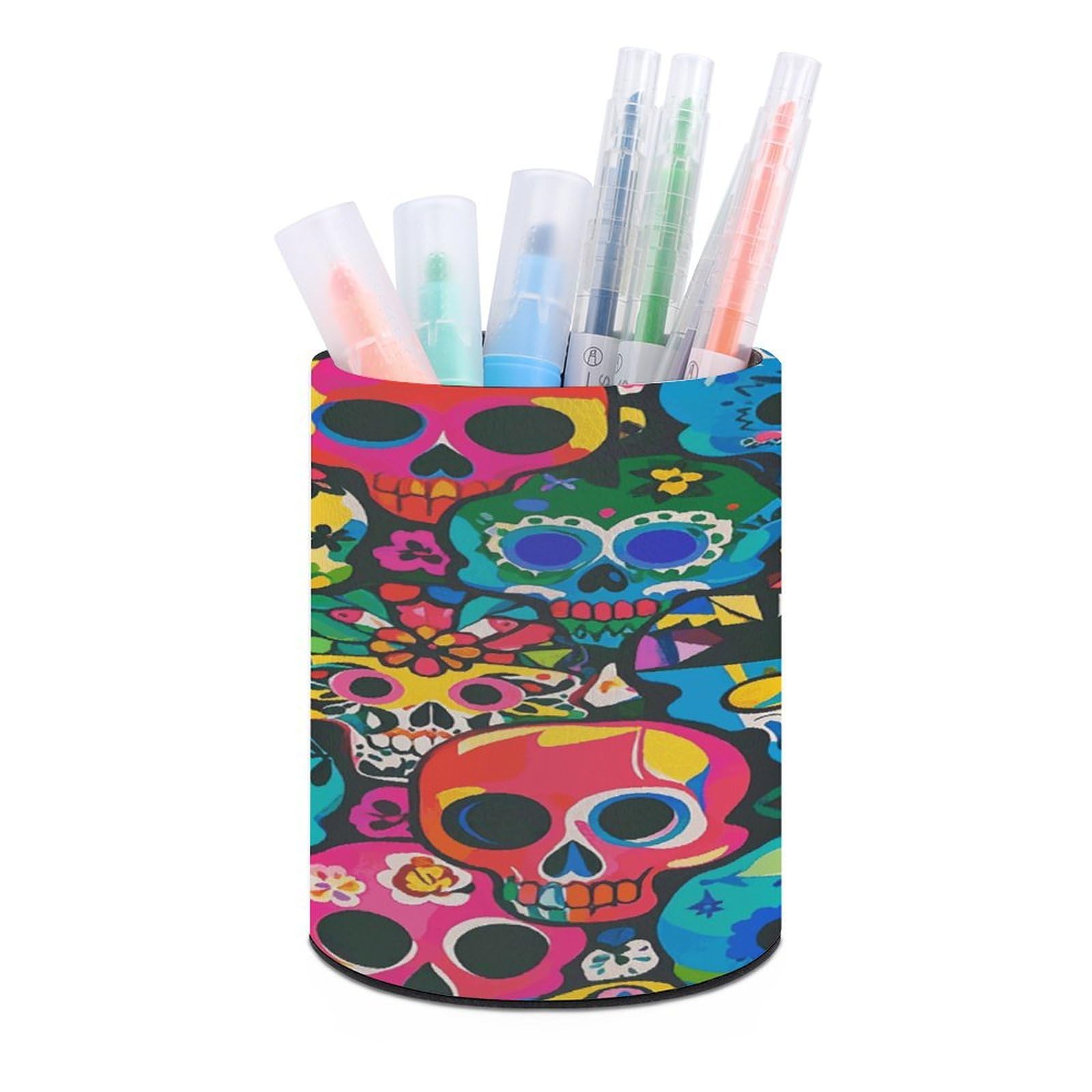 FekiLoot PU Leather Round Pen Holder Colorful Skulls Print Pencil Holder Desk Organizer Pen Organizer Pen Cup Pencil Cup Caddy Desktop Stationery Organizers for Office Home Supplies