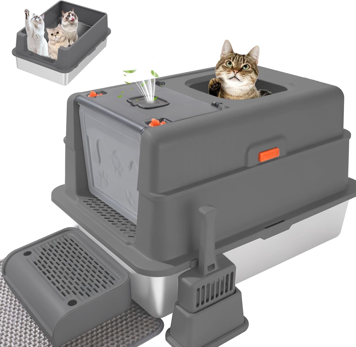 GOYJOY XXXL Stainless Steel Litter Box with Lid,XXXL Enclosed Metal Cat Litter Box for Big Cats,Multiple Cats,with Litter Scoop & Foot Pedal,Odor