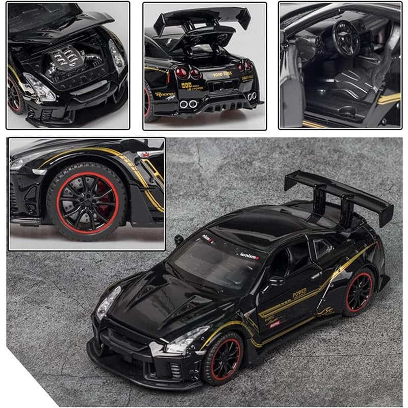Image of Kids Model 1:32 Nessan R35 Die Cast Metal Car Pull Back Action Opening Doors with Realistic Engine Sound Lights Toy Car Gift for Boys - Black