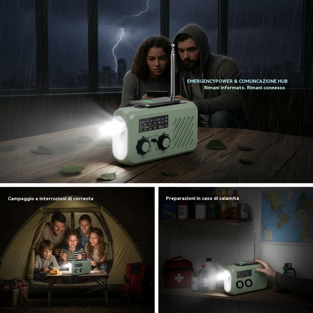 Kurbelradio Notfallradio mit 2000 mAh Power Bank – 3-Wege-Ladung (Solar/Handkurbel/USB), AM/FM/SW, SOS-Alarm & LED-Licht, Tragbares Survival Radio für Stromausfall, Camping & Wohnmobil (Grün)