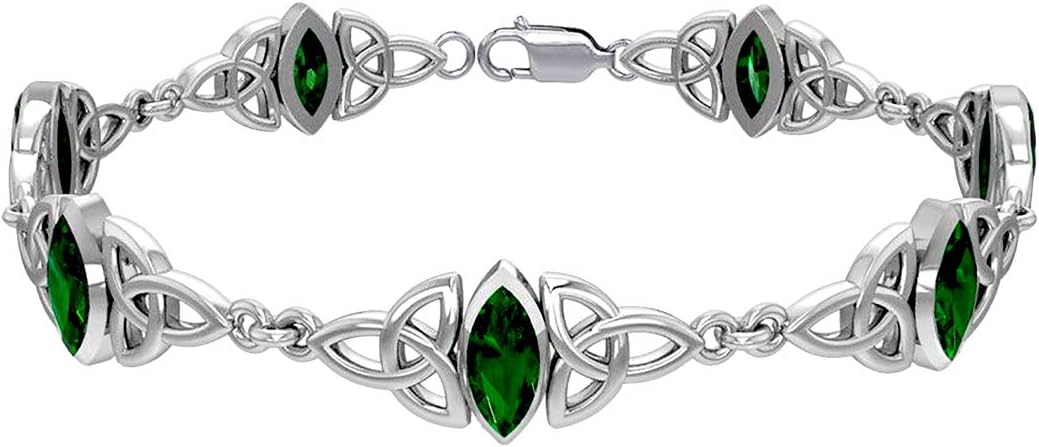 US Jewels and Gems 925 Sterling Silver Irish Celtic Trinity Knot Simulated Emerald Glass Bracelet