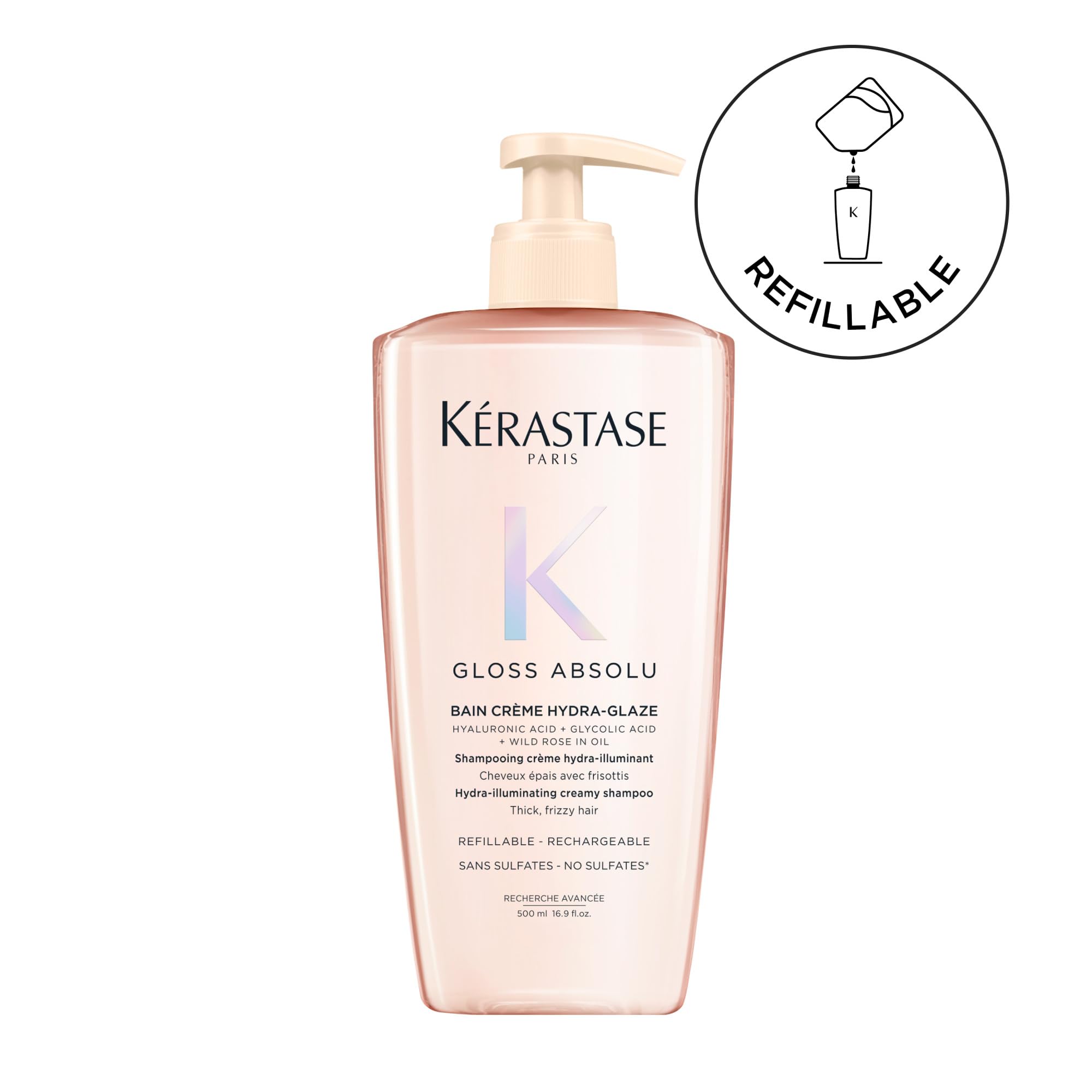 Kérastase, Gloss Absolu, Shampoo Ricaricabile per Capelli Spessi Tendenti al Crespo, Con Acido Glicolico, Acido Ialuronico e Olio di Rosa Canina, Bain Crème Hydra-Glaze, 500 ml