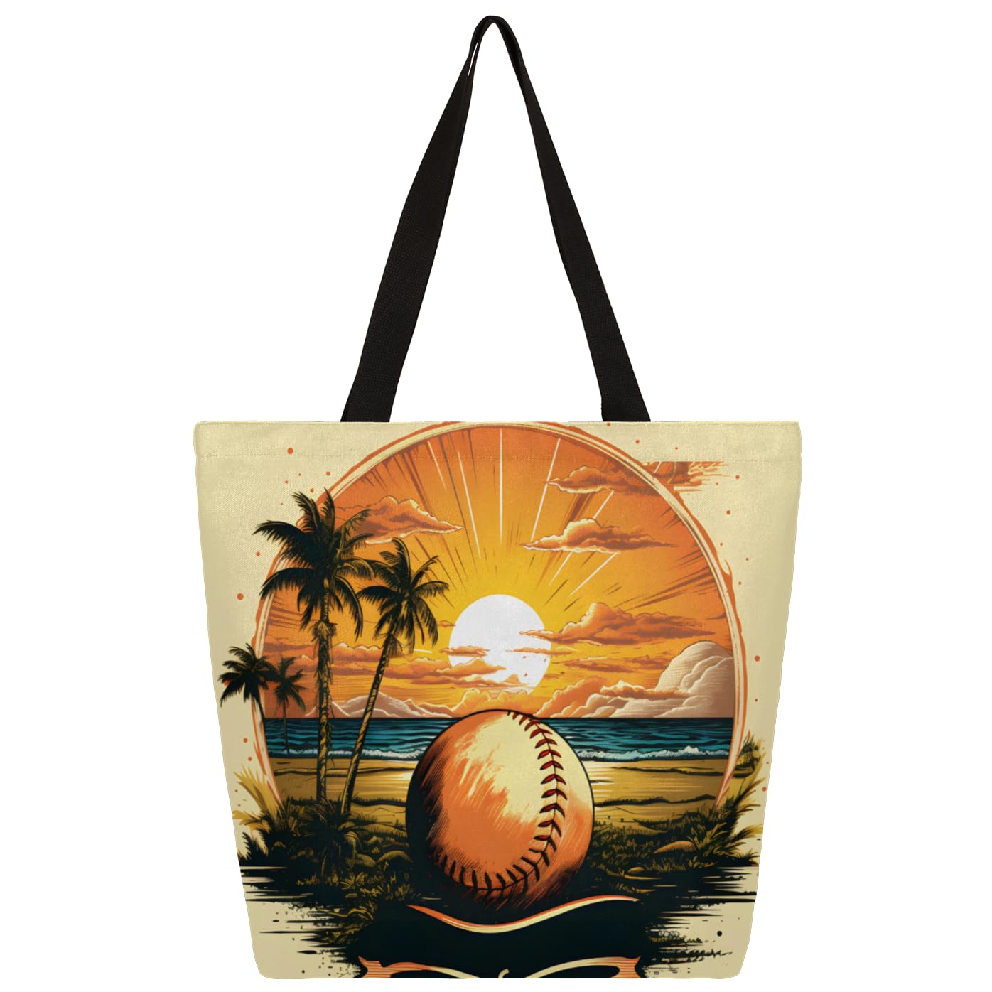 Mularoka Sunset Coconut Volleyball Large Capacity Canvas Tote Bag Stylish Handheld Shoulder Bag Reusable Shopping Bag for Work Travel Beach Trips Shopping