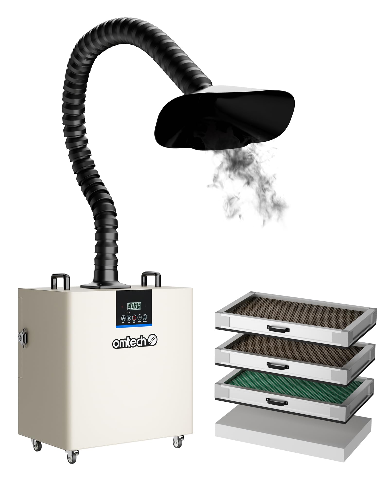 OMTech 300 W Extractor de Humos con Filtración de 4 Etapas, Purificador de Humos con Ruedas de 10 Velocidades para Grabadores y Cortadores Láser, Soldadura, Estaciones de Soldadura (300 W)