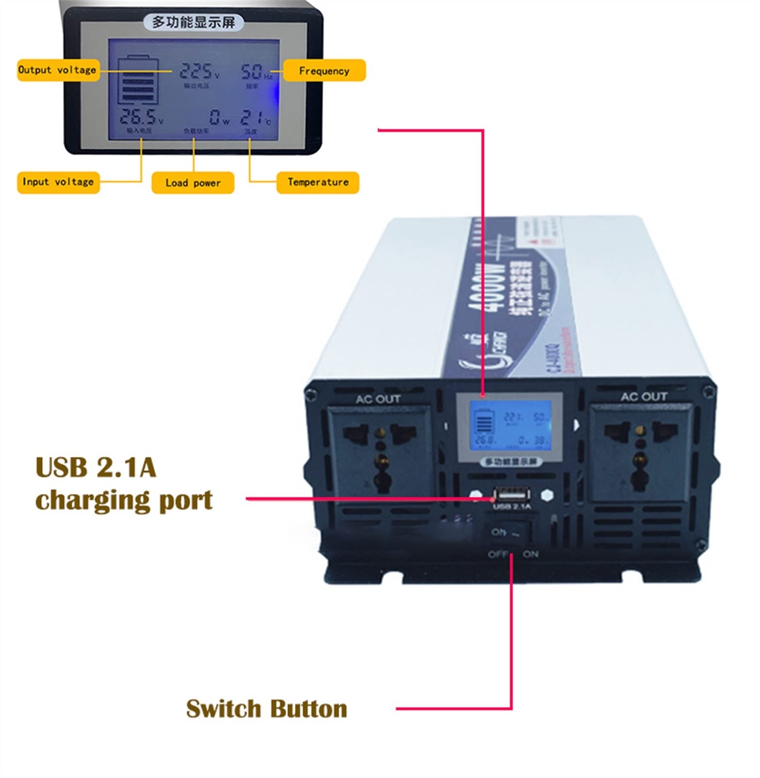Inverter, Inverter Corrente a onda pura 4000W/5000W/6000W/8000W (valore di picco) Trasformatore CC 12V/24V/48V/60V a CA Inverter a onda sinusoidale Automobile, Automobile domestica ,Ricarica di più di