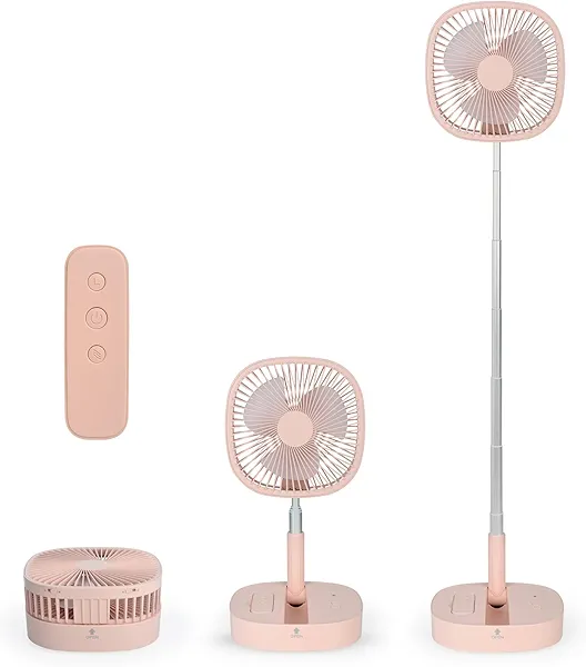 Portable Pedestal Fan - Foldaway Standing Fan Foldable Desk Fan, Use 7200Mah Rechargeable Battery, Remote Control Telescopic 4 Speed Quiet Timer Fan for Home Kitchen Outdoor Camping (Pink)