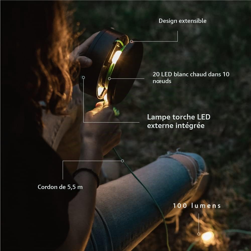 MPOWERD Luci Guirlande lumineuse solaire et chargeur de téléphone portable 5,5 m 100 lumens avec LED blanches Autonomie jusqu'à 20 heures Batterie rechargeable via solaire ou USB Étanche Camping
