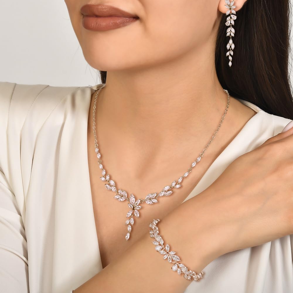 Juego de joyas de boda para novias, damas de honor, marquesa brillante, circonia cúbica, cadena de novia, pendientes largos colgantes, juego de pulseras de tenis