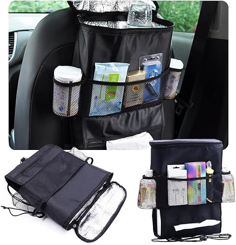 Organizador y almacenamiento de asiento trasero de automóvil con enfriador de viaje para coche y soporte de pañuelos y bolsa organizadora de asiento