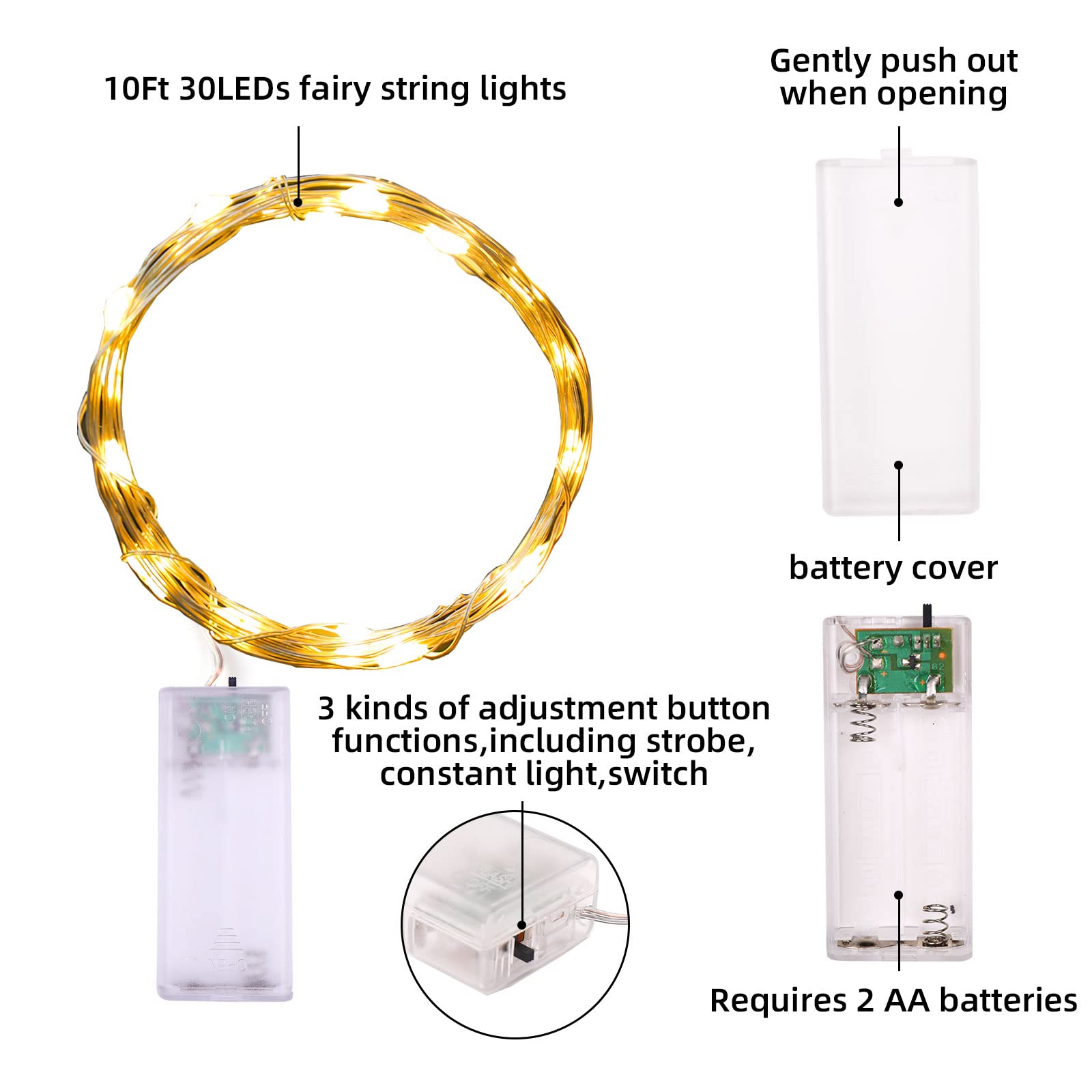 Fairy Lights funciona con pilas, Mandiq cadena de luces de 10 pies 30 LED, impermeable alambre plateado mini luces para dormitorio, fiesta, festival, decoración de Navidad, paquete de 4 unidades