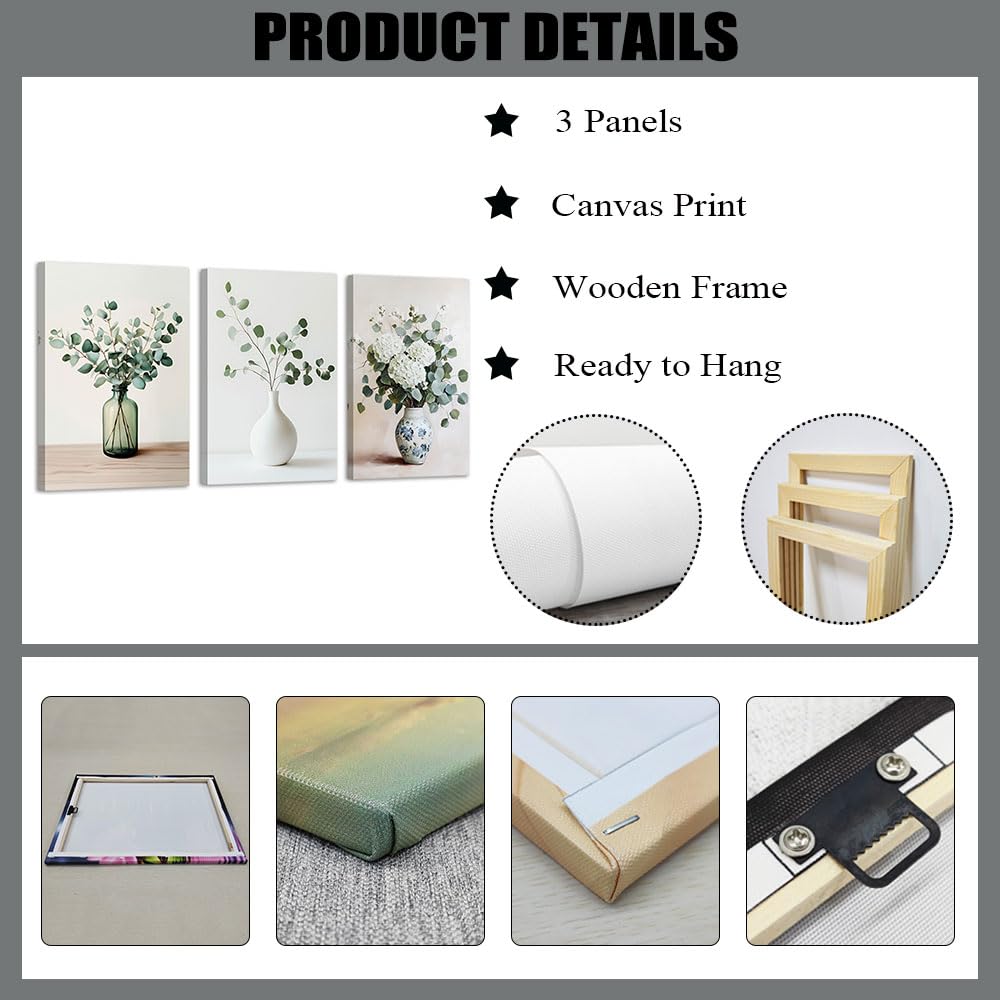 CXHOSTENT Eukalyptus-Wandbild, 3-teiliges Set, botanische Leinwandbilder, Salbeigrün, Vintage-Pflanzenbilder, Poster mit grünen Blättern, gerahmt (30x40cmx3)