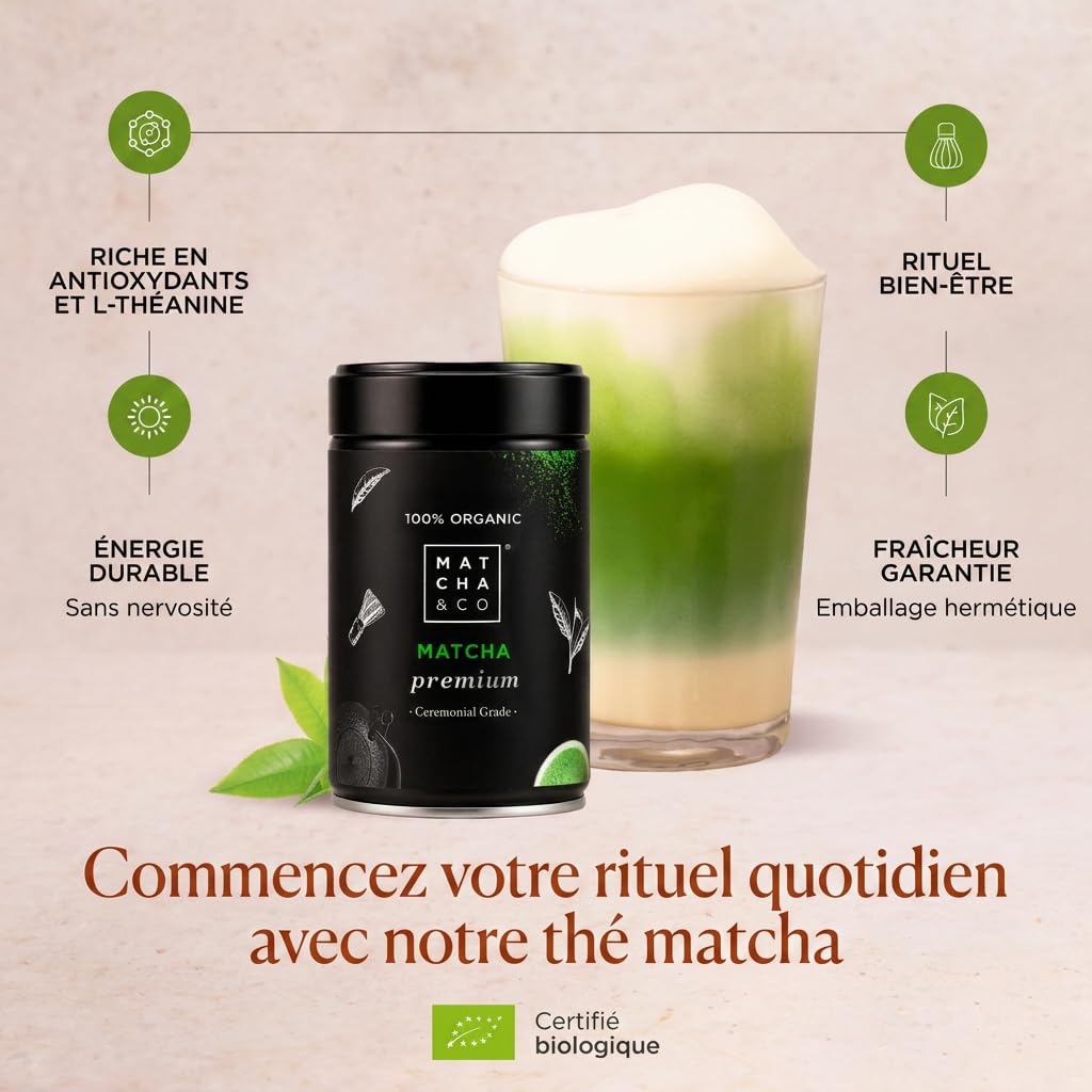 Matcha & CO | Thé Matcha Cérémoniel Biologique – Sans Pesticides – Qualité Supérieure – Poudre de Thé Vert Japonais – 80 g