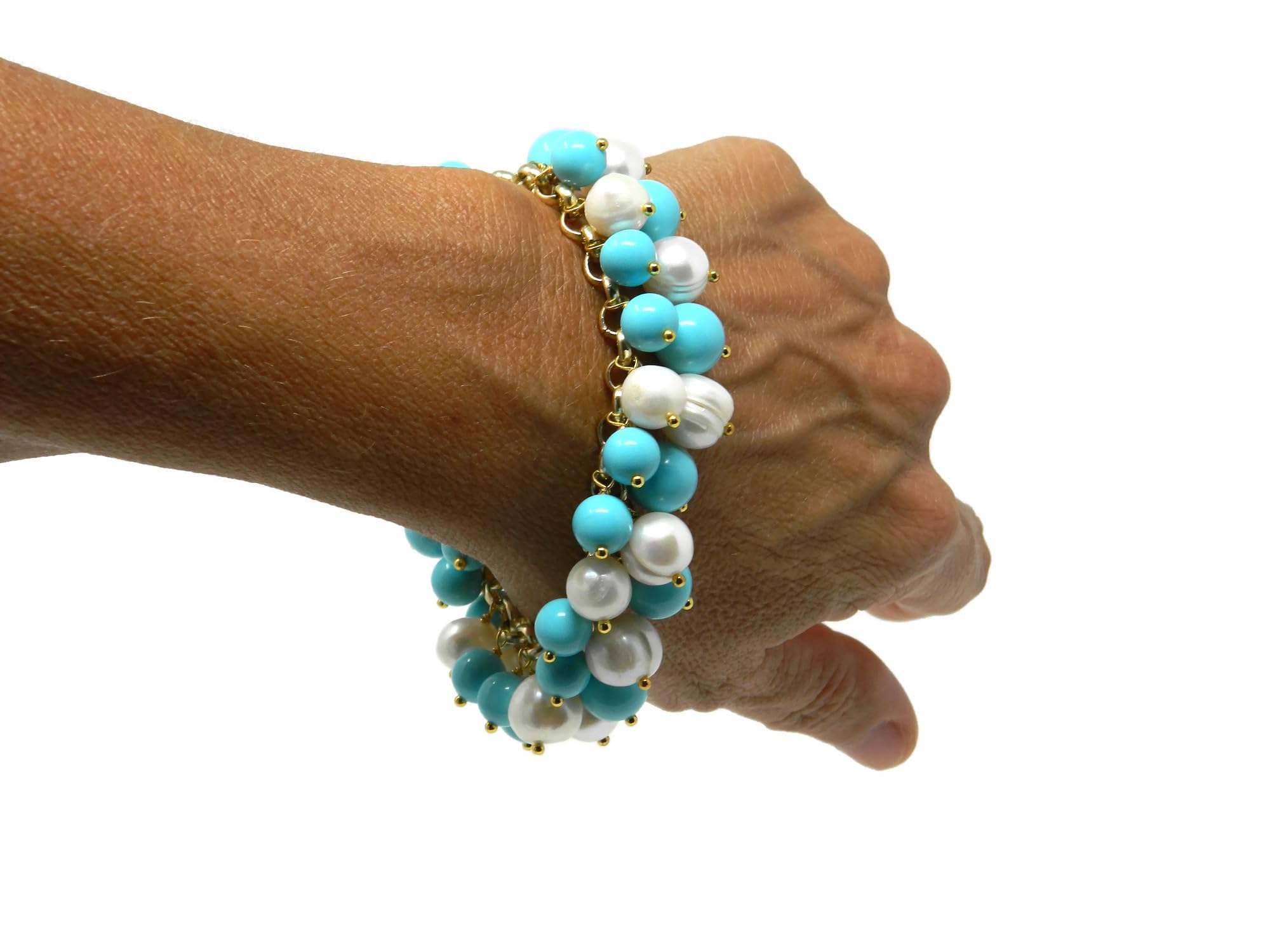 DodiGioielli Bracciale Charms Donna con Palline in Pasta di Turchese e Perle di Fiume Bianche – Lunghezza 21 cm – Catena Dorata e Chiusura in Argento 925 Placcato Oro – Made in Italy – Nichel Free